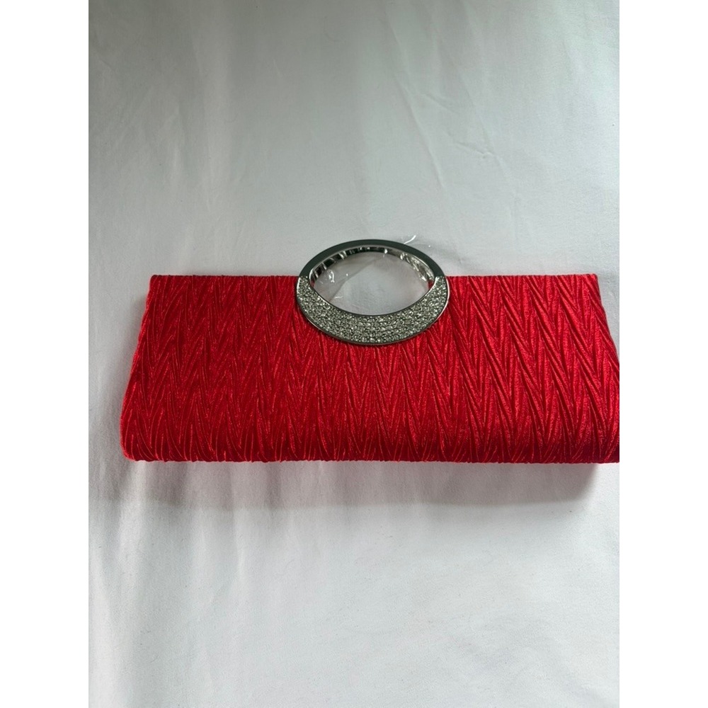 Red Pleated Satin Evening Clutch Rhinestone Handle Formal Handbag with Chain